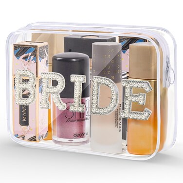 Jeletonp Bride Clear Makeup Bag Cosmetic Bag Waterproof Bride Toiletry Bag Mrs Pearl Rhinestone Patch Letter Bags Makeup Pouch Travel Storage Bag for Bridal Shower Wedding Bachelor Party (Bride)