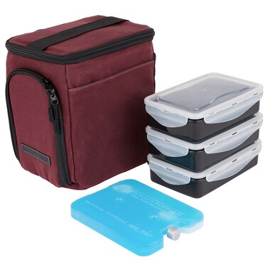 EDC Meal Prep Bag - Full Meal Prep Lunch Box Management System includes Portion Control Meal Prep Containers + Ice Pack (3 Meal Insulated Cooler Bag, Black) (3 meal (Mini), Maroon (Waxed Canvas))