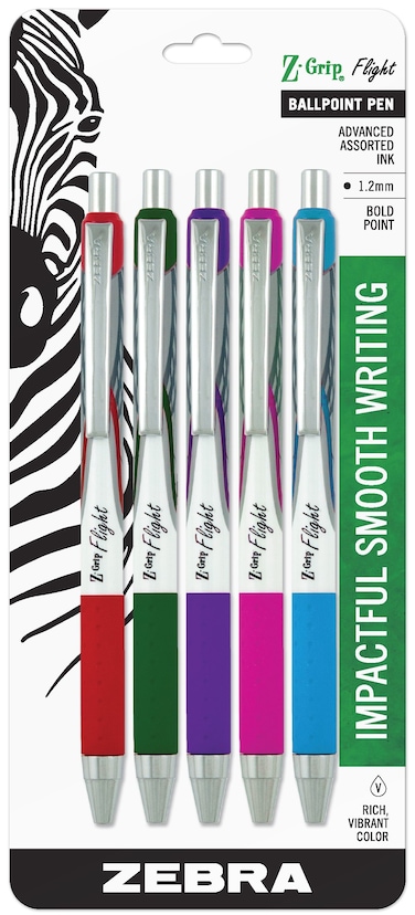 Zebra Pen Z-Grip Flight Retractable Ballpoint Pen, Bold Point, 1.2mm, Assorted Fashion Colors, 5-Count