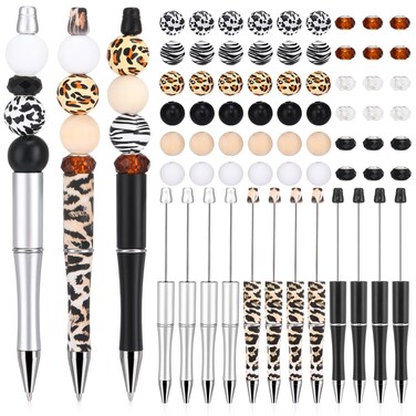 PAFUWEI 12 Pcs Beadable Pens Bulk with Wooden Pen Beads, Rotating Retractable Bead Pens Crystal Spacer Beads Set DIY Beadable Pens Ballpoint Pens Black