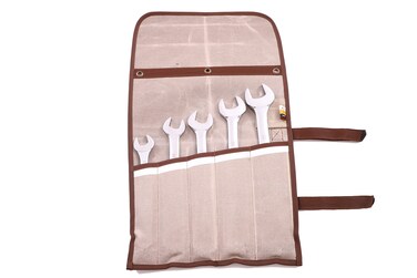 BULL TOOLS Wrench &amp; Tool Roll Up Extra Large Pouch Organizer Bag Handmade 16 Oz. Rip Resistant Cotton Waxed Canvas Storage Round Easy Grip 5 Pocket - Washed Cinnamon Brown - (Tools are not included)