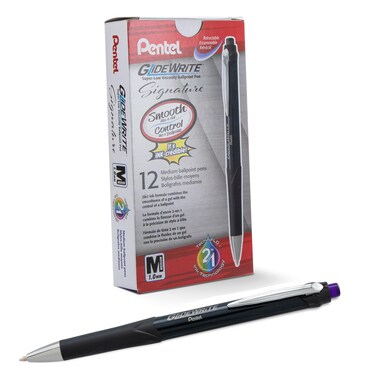 Pentel Glidewrite Signature Ballpoint Pen, Black Barrel, (1.0mm) Medium Line, Violet Ink, 12 Pens (BX930A-V)