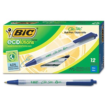 BIC CSEM11BE Ecolutions Clic Stic Retractable Ballpoint Pen, Blue Ink, 1mm, Medium, Dozen