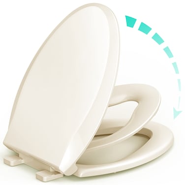 Elongated Toilet Seat with Built-in Potty Training Seat for Toddlers&amp; Adults, Slow Close, Never Loosen, Heavy Duty, Ergonomic, Space Saving Toddler Toilet Seat, (Elongated 18.5", Oval, Bone/Almond)