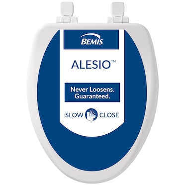 Bemis Alesio Slow Close Toilet Seat, Sleek Chrome Hinges and Adjustable Perfect Fit Wood Seat, Elongated, White