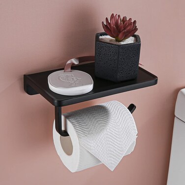 RANDOM Black Toilet Paper Holder with Shelf Rustproof Matte Black Toilet Paper Holder Wall Mount Toilet Paper Roll Holder Solid Metal Toilet Tissue Holder for Bathroom.RD93008-MB