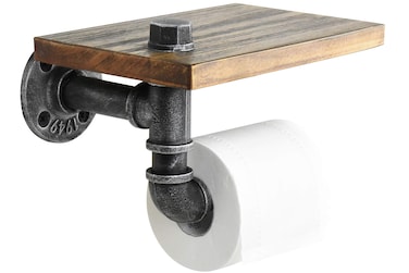 HOEMLIM Rustic Toilet Paper Holder Pipe with Shelf Industrial Toilet Roll Holder Wall Mount Farmhouse Wooden Toilet Tissue Paper Holder for Bathroom(Silver)