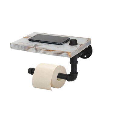 Retro Industrial Style Wall-Mounted Iron Pipe &amp; Wood Toilet Paper Holder with Wood Shelf Phone Tray for Bathroom Kitchen (Washed White)