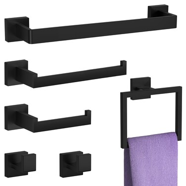 6-Piece Matte Black Bathroom Hardware Set, Heavy Duty Bath Towel Bar Set Including - 16" Towel Rack - Hand Towel Holder - Toilet Paper Holder - Towel Ring - Robe Towel Hook