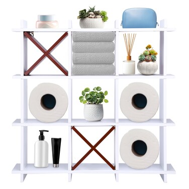 Tic Tac Toe Toilet Paper Holder Stand - Wall Toilet Paper Storage - Hanging Tic Tac Toe Decor - Rustic Wall-Mounted Bathroom Shelf - Wooden Decorative Shelf - White with Brown Cross