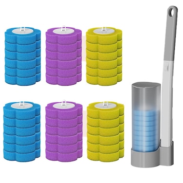 ZZPXMY Wall Mounted Disposable Toilet Brush Holder Set, Small Hidden Bathroom Toilet Cleaning Wand Kit, Long Handle with 42 Spare Brush Heads (Gray)