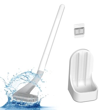 Toilet Brush, Long Handle Golf Toilet Brush with Holder 360&Acirc;&deg; Deep Cleaning Flexible Silicone Toilet Cleaner Brush Wall Mounted for Bathroom (White)