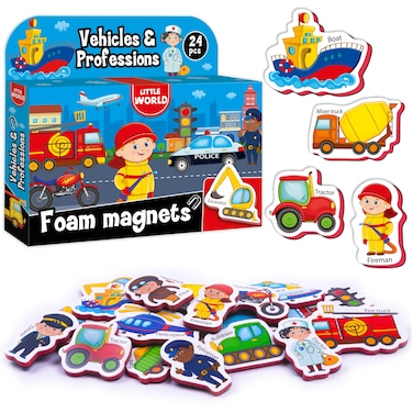 Little World Large Set of 24 Foam Fridge Magnets for Toddlers 1-3 - Refrigerator Magnets for Kids &acirc;&euro;&ldquo; Baby Magnets for Refrigerator 1 Year Old - Magnetic Vehicles for Toddlers 1-2 - Child Safe Magnets