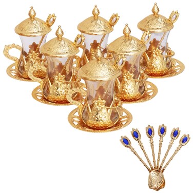Alisveristime Handmade Turkish Tea Glass Set - Traditional Turkish Motifs, Set of 6 with Lids and Bonus Tea Spoons (Gold)