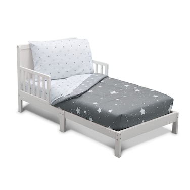 Delta 4-Piece Reversible Toddler Bedding Set - Fitted Sheet, Top Sheet, Pillowcase, 2-in-1 Comforter - For Boys, Dusty Skies &amp; Grey Stars