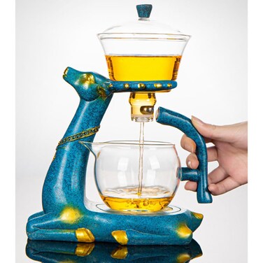Meimond Magnet Teapot,Semi Automatic Tea Set,Deer Tea Infuser Pot,Lazy Chinese Kungfu Drip Tea Kettle for Loose Leaf Steeper,Magical Glass Tea Pot with Infuser and Lid (Color:BLUE)
