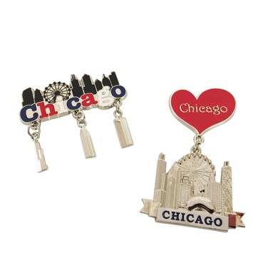 Charming Chicago Charm Refrigerator Magnets - Set of Two - Chrome and Enamel Finish