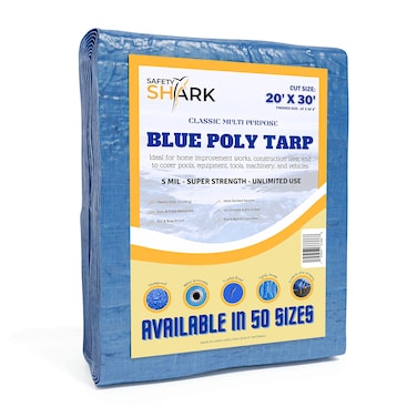 Safety Shark Tarps Heavy Duty Waterproof 20x30 Feet - 5 Mil Heavy Duty Tarp - Large Blue Tarp Waterproof Protection, Use As Outdoor Weatherproof Cover to Shield Your Pool, Car, Patios, Leaking Roofs