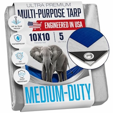 10x10 Ft Tarp, Waterproof Plastic Poly 5.5 Mil Thick Tarpaulin with Metal Grommets Every 18in - Emergency Rain Shelter, Outdoor Cover and Camping Use - (Reversible, Blue and Silver)