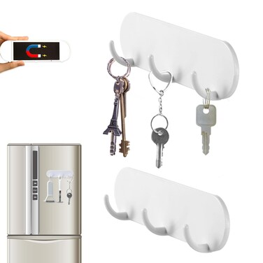 2-Pack Magnetic Key Holder with 3 Hooks for Refrigerator, Kitchen, and Laundry Rooms