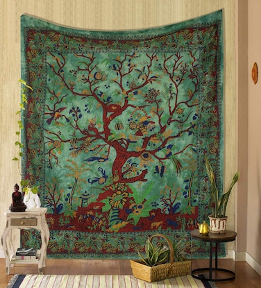 THE ART BOX Tapestry Green Tree of Life Wall Hanging Psychedelic Tapestries Indian Cotton Twin Bedspread Picnic Sheet Wall Decor Blanket Wall Art Hippie Bedroom D&Atilde;&copy;cor (Full, 85x90 Inch)