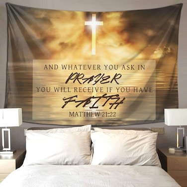 UEJUNBO Christian Tapestry Wall Hanging for Bedroom Aesthetic Inspirational Quote Bible Verses Wall Decor Small Tapestry with Cross Design Matthew 21:22 A Must Have Gift for Christian 60x40 IN