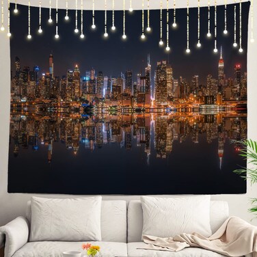 Shrahala New York Tapestry, Manhattan Skyline Night Water Cityscape New York Wall Hanging Large Tapestry Psychedelic Tapestry Decorations Bedroom Living Room Dorm(59.1 x 82.7 Inches, Grey Dusk)