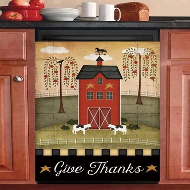 Give Thanks - Magnetic Dishwasher Front Cover Kitchen Decor - Red House Waterproof Sticker - Decor - Panel Decal for Kitchen Appliance 23&amp;quot;x26