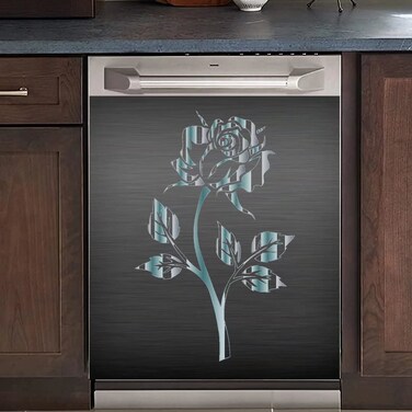 OEME Silver Rose Design Kitchen Decor Dishwasher Magnet Cover, Stainless Steel Pattern Fridge Door Decor Magnetic Vinyl Panel, Magnetic 23inch W x 26inch H