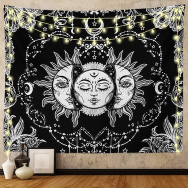Ftuency Sun and Moon Tapestry, Black and White Tapestries Mystic Burning Sun with Star Wall Hanging decor for Bedroom (59" W x 51" L)
