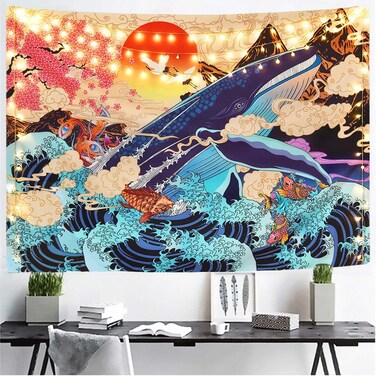 Cestbin Japanese Ukiyo-e Tapestry The Great Wave Tapestry hippie Koi Whale Sunset Tapestry, Psychedelic Sun Animal Ocean trippy Tapestry for Dorm Bedroom Living Room (Sunset Wave, 51.2" x 59.1")
