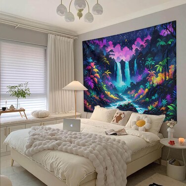 ANACOSPLAYONE Blacklight Nature Forest Tapestry Waterfall Mountain Landscape Tapestry Galaxy Sky Wall Hanging Decor for Bedroom Living Room