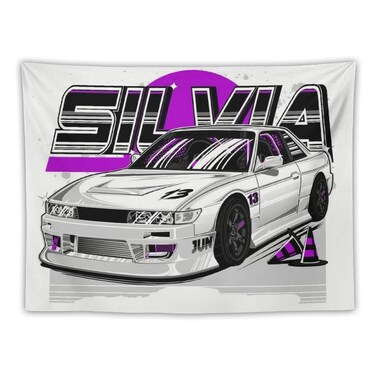 josnmre JDM Car S13 White Front Face Black Wheels Illustration Art Tapestry Wall Hanging for Bedroom Aesthetic Art Home Decor Dorm Classroom Living Room Tapestries 40"x60