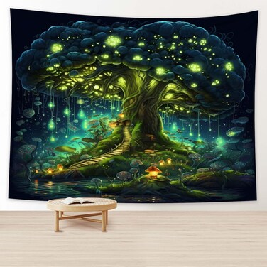 MeguMoon Fantasy Forest Tapestry Green Fairy Tree Tapestries, Enchanted Forest Green Tree Tapestry, Glowing Dreamy Green Tree Decor Tapestry (60 * 50in)