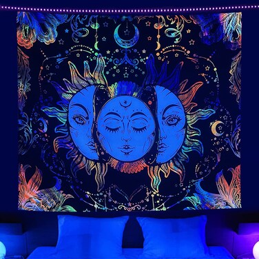 Blacklight Trippy Sun and moon Stars Tapestry UV Reactive Hippie Burning Sun Mandala Tapestry Wall Hanging psychedelic Black light Skeleton Tapestries for bedroom aesthetics Party Decor Poster 51"X