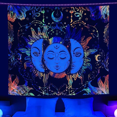Blacklight Trippy Sun and moon Stars Tapestry UV Reactive Hippie Burning Sun Mandala Tapestry Wall Hanging psychedelic Black light Skeleton Tapestries for bedroom aesthetics Party Decor Poster 51&quot;X