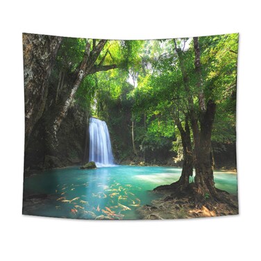 Forest Waterfall Tapestry Wall Hanging Sandy Beach Picnic Rug Camping Tent Sleeping Pad Home Decor Bedspread Sheet Wall Cloth (60x51inch,1)