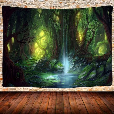 Enchanted Forest Tapestry Fantasy Forest Tree Nature Landscape Tapestry Wall Hanging Fairy Tale World Waterfall Tapestry Wall Hanging for Home Decor Picnic Mat Tablecloth 80X60 Inches GTQQUH792