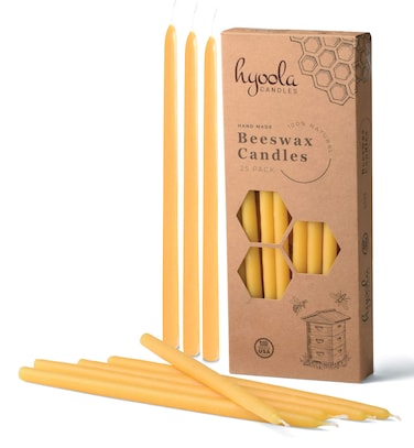 Hyoola Beeswax Taper Candles - 25 Pack - Handmade, All Natural, 100% Pure Scented Bee Wax Candle - Tall, Decorative, Golden Yellow - 9&acirc;&euro; Tall - Handmade in The USA