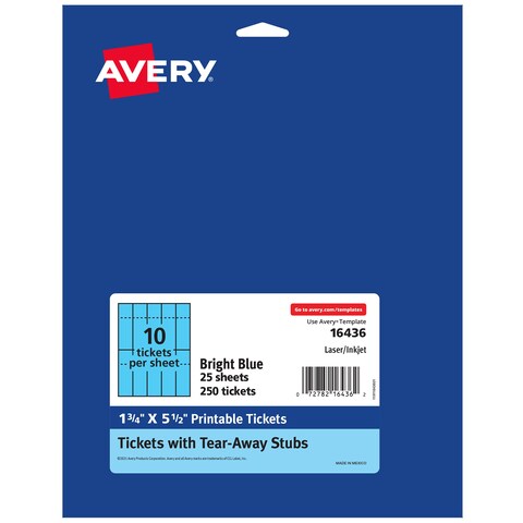 Avery Printable Tickets, Bright Blue Colored Cardstock, 1.75&quot; x 5.5&quot;, Laser/Inkjet, 250 Tickets (16436)