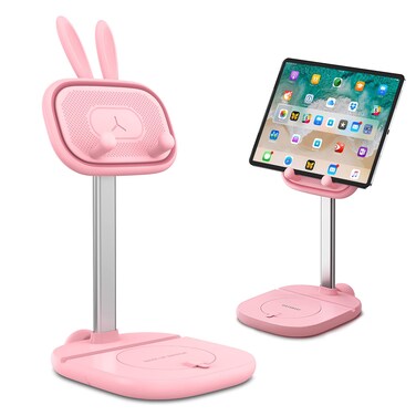 OATSBASF Cute Bunny Tablet Stand for Desk, Adjustable Height Tablet Stand Holder Dock Compatible with iPad, Pro 9.7, 10.5, 12.9 Air Mini, Tablet, Kindle, Nexus, Tab, E-Reader (4-13") (Pink Plus)