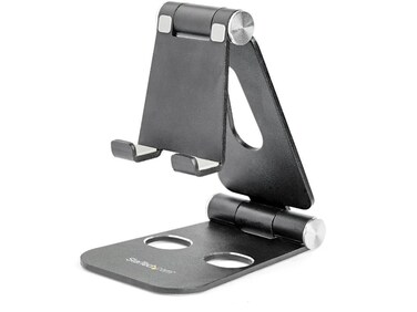 StarTech.com Phone and Tablet Stand - Foldable Universal Mobile Device Holder for Smartphones &amp; Tablets - Adjustable Multi-Angle Ergonomic Cell Phone Stand for Desk - Portable - Black (USPTLSTNDB)