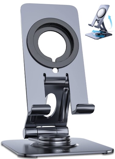 Adjustable Rotating Tablet Stand, Aluminium Desktop Stand Holder Dock with MagSafe Charger Slot Compatible with 4-14" iPhone &amp; iPad, Swivel Design for Store POS Office Showcase Kitchen (Space Gray)