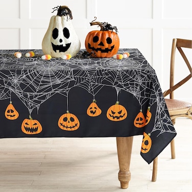 Halloween Tablecloth, Halloween Table Cloth with Pumpkin Spider Web Bat Tablecloth, Waterproof Wrinkle Free Rectangle Tablecloth Polyester Fabric Table Cover for Halloween Party Decoration, Black