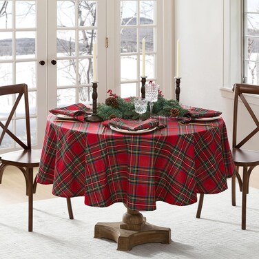 Elrene Home Fashions Stowe Tartan Holiday Plaid Christmas/Winter Cotton Round Tablecloth, 70"x70", Red