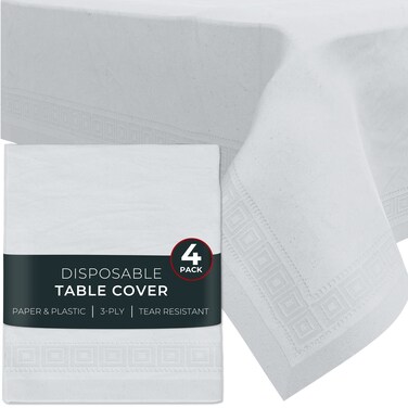 HOUZZKINGZ USA Paper Tablecloths for Rectangle Tables   54&acirc;&euro; X 108&acirc;&euro; &acirc;&euro;&ldquo; 4 Pack   White Paper Disposable Tablecloth   3-Ply Premium Paper &amp; Plastic Table Cloths for Parties Disposable