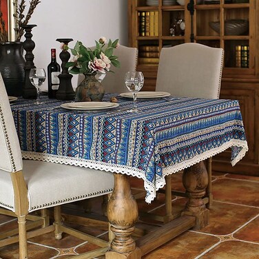 LeLehome Elome 55 X 98 Inches Oblong Flowers Lace Tablecloth, Baroque Bohemian Style Cotton Linen Fabric Blue Dining Room Picnic Table Cloth Cover Home Decoration