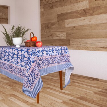 DECORVELL Buff Floral 100% Cotton Hand Block Print Tablecloth, Rectangle Washable Table Cover - Dining, Parties, Outdoors, Weddings, Thanksgiving, Christmas Parties Decor 60 X 90 Inches I 6 Seater