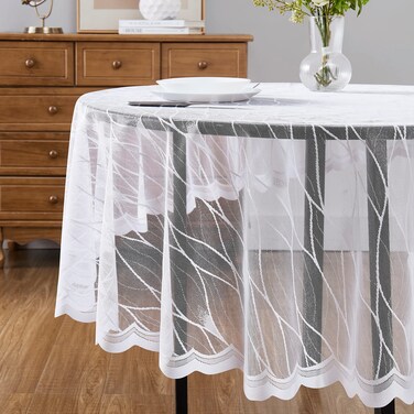 DECOPOTS White Round 90 inches Diameter Lace Tablecloth   Round Tablecloth with Modern Stripes Design   Dining Table Cover for 6-8 Guests (White, Round 90")