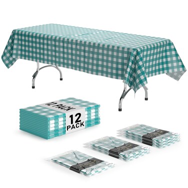 Exquisite Picnic Table Cover - 12 Pack Premium Rectangle Plastic Tablecloth - Teal &amp; White Checkered BBQ Plastic Table Cover - Gingham Checkerboard Disposable Plastic Tablecloth 54" x 108" Rectangle